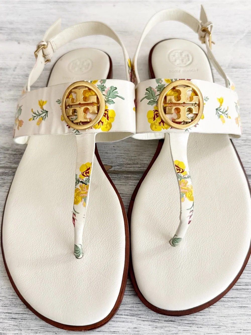 Tory Burch Benton Floral Thong Sandals with Gold Logo size 9